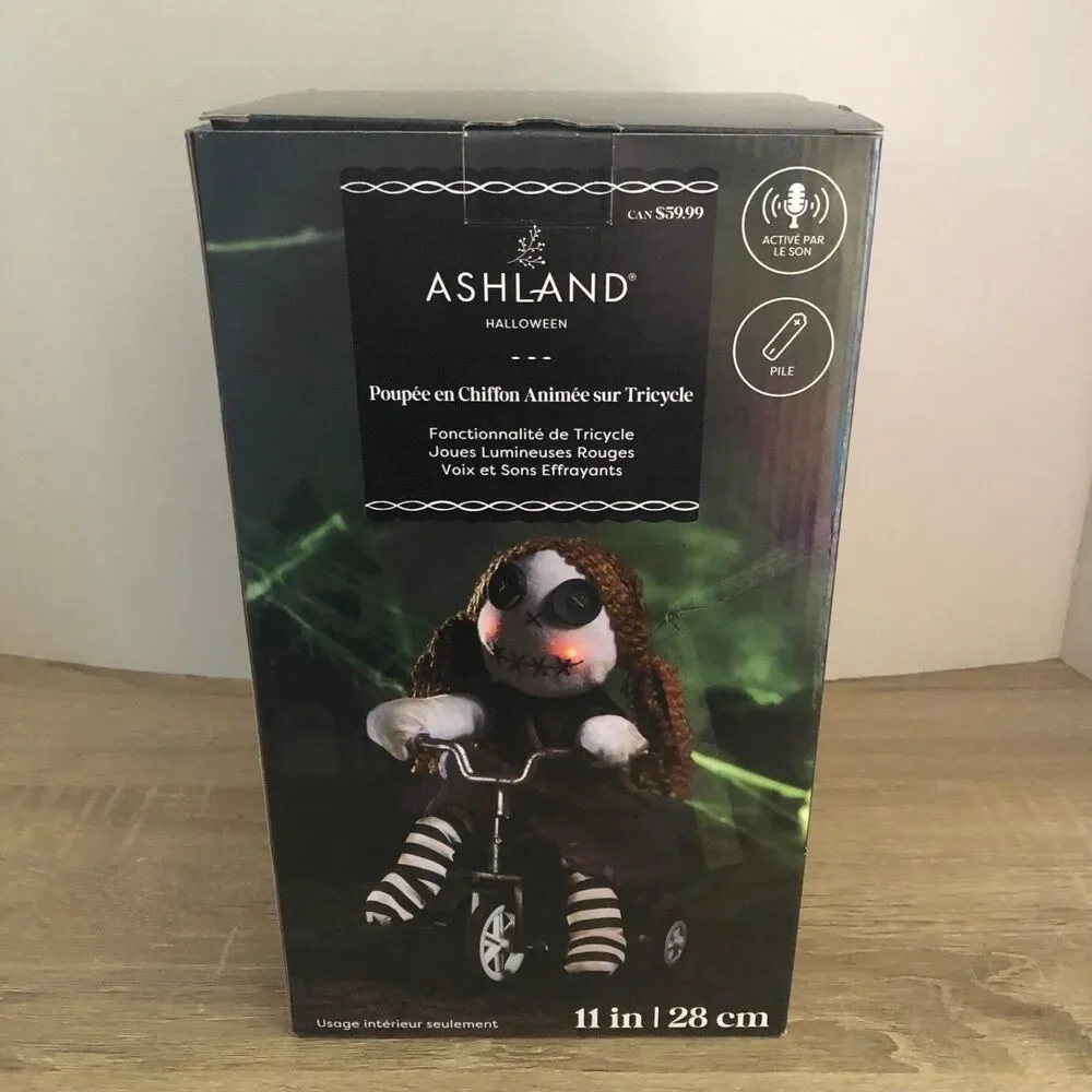 Animated Rag Doll on Tricycle Halloween 11” Red Cheeks Spooky By Ashland New